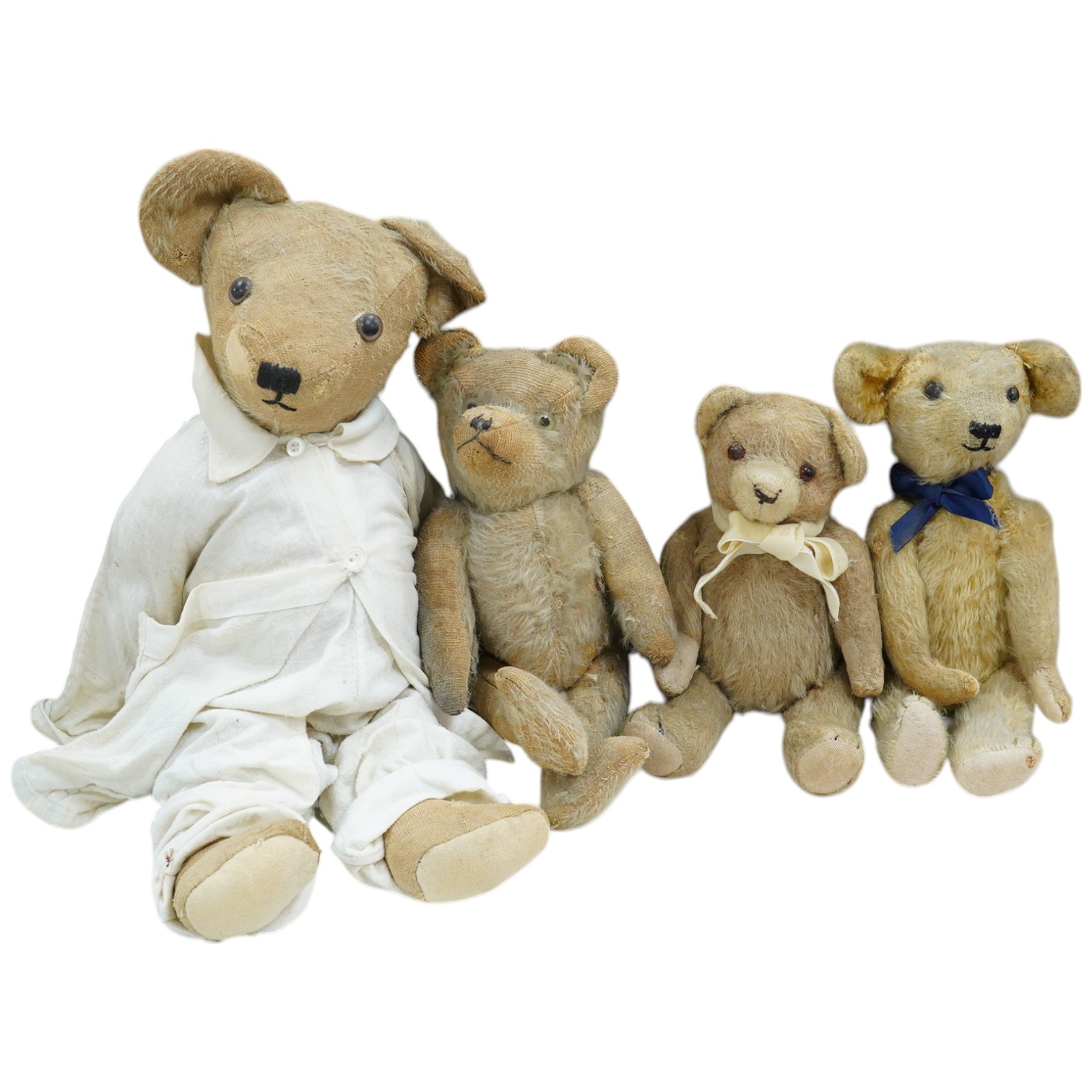 Four bears with restoration, hair loss, one English and three German, c.1930's